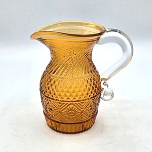 VINTAGE Amber Art Glass Mini Pitcher Clear Handle Gold Ewer Vase Creamer 1960s